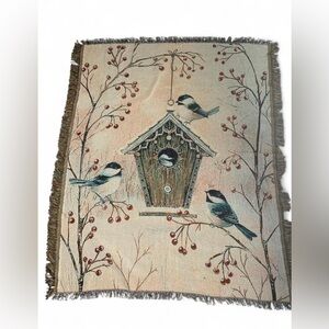 Vintage Woven Tapestry Throw Blanket - "Birdhouse and Chickadees" Sarah Summers